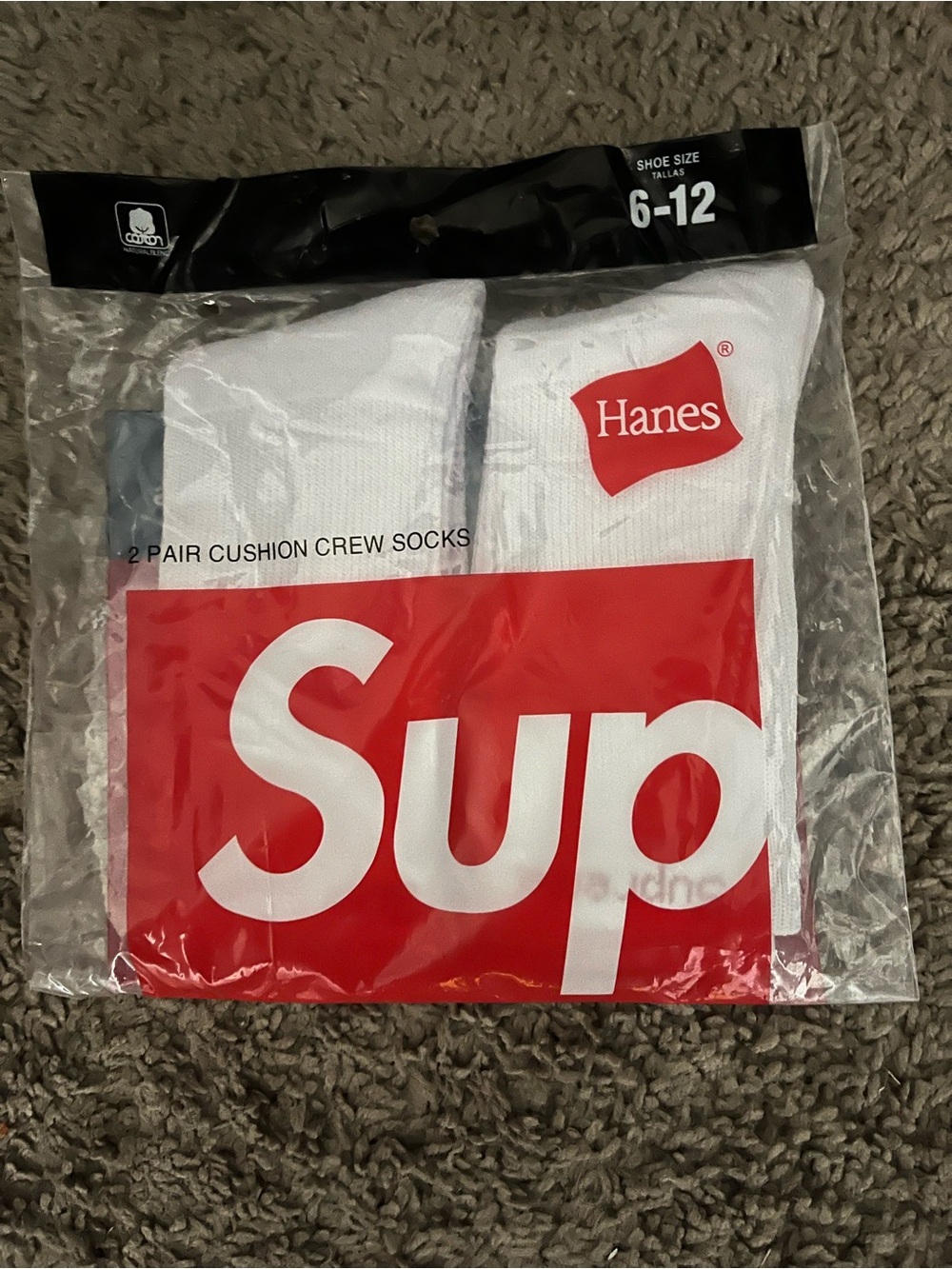 Hanes White Crew Cushion Socks with Red Logo - 2 Pair